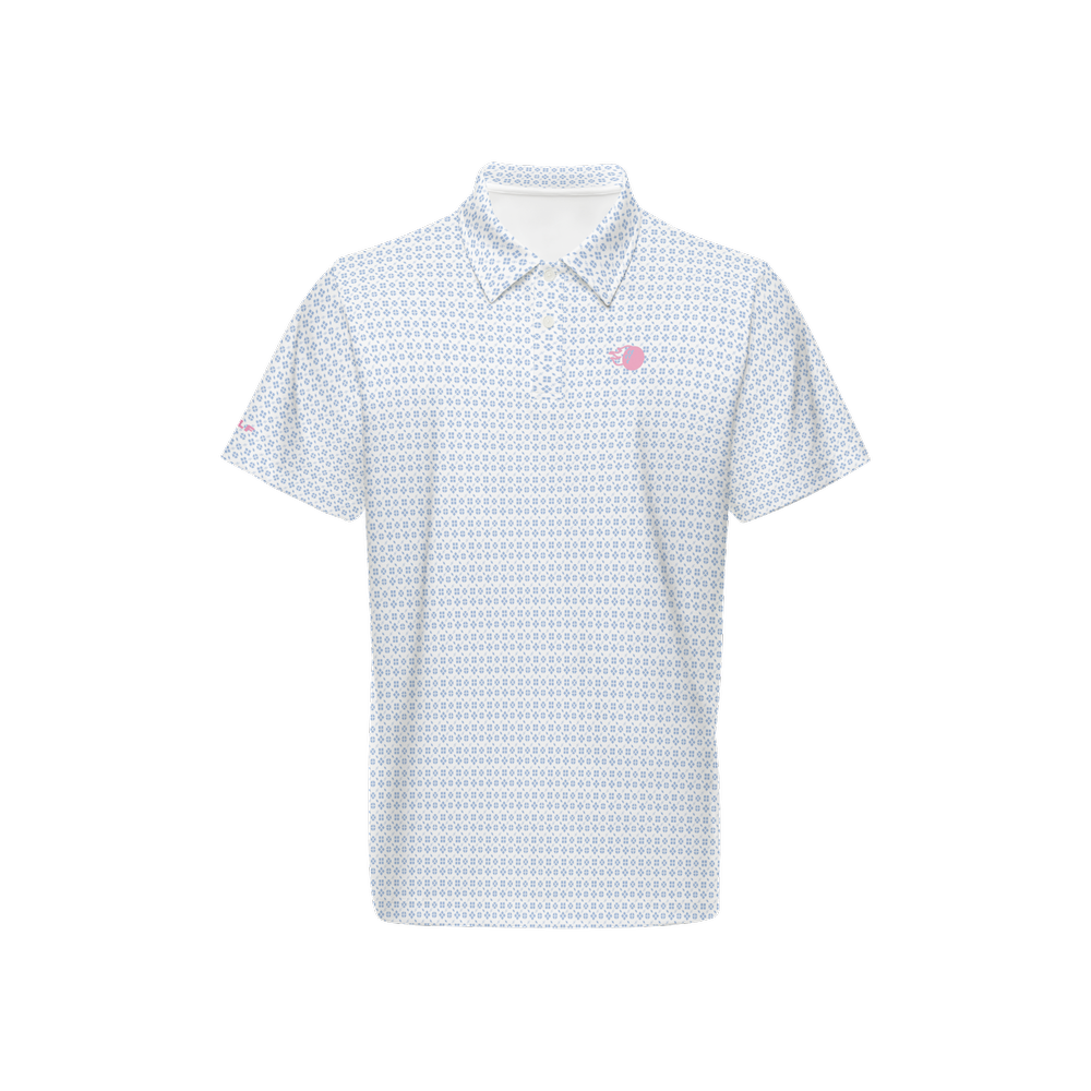 Bank Shot performance polo with a geometric pattern with a cool blue color that will compliment an existing wardrobe perfectly