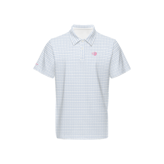 Bank Shot performance polo with a geometric pattern with a cool blue color that will compliment an existing wardrobe perfectly